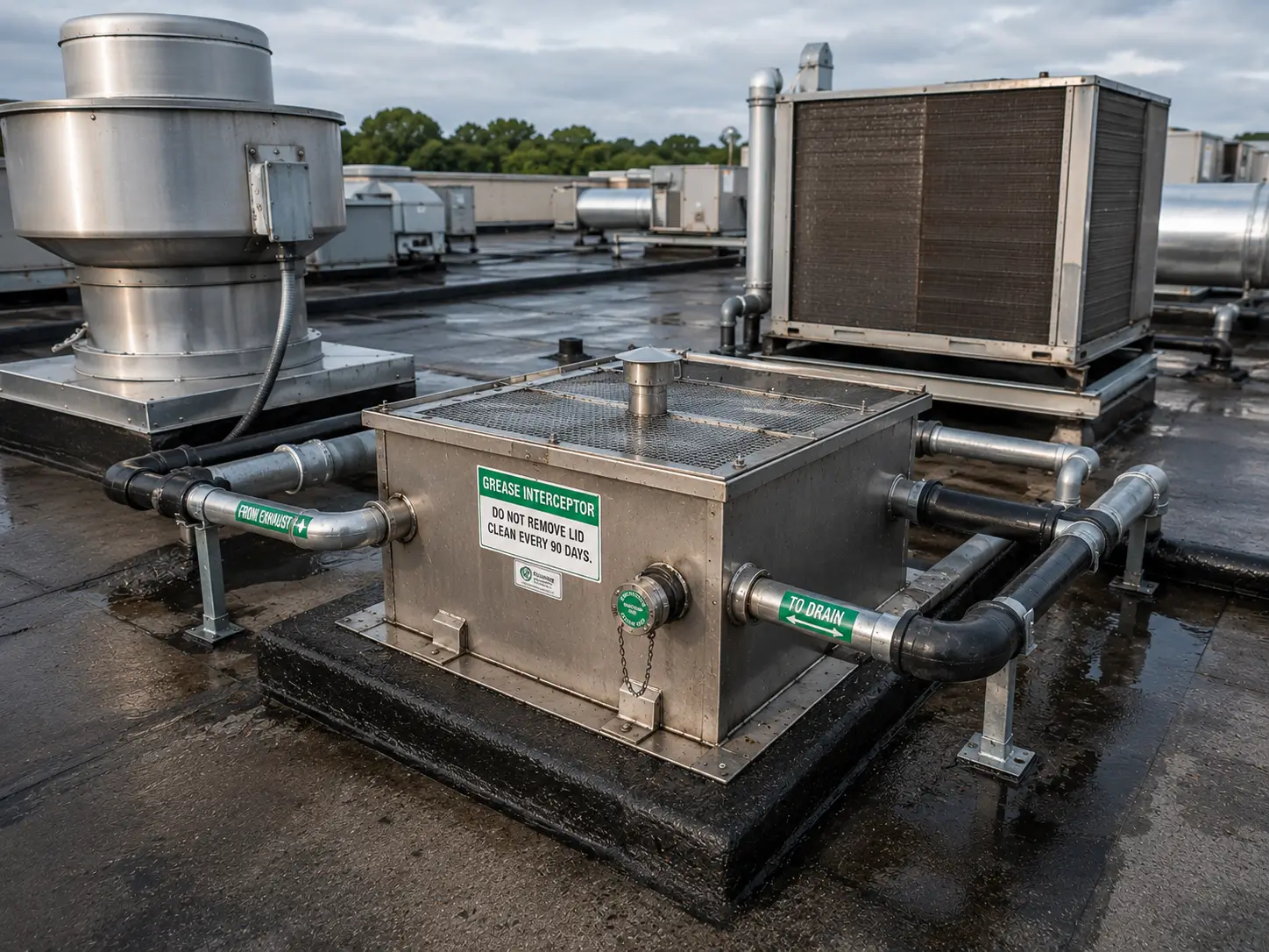 Rooftop grease interceptor system protecting HVAC equipment