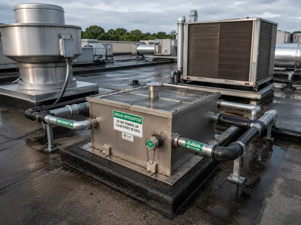 Rooftop grease interceptor system protecting HVAC equipment